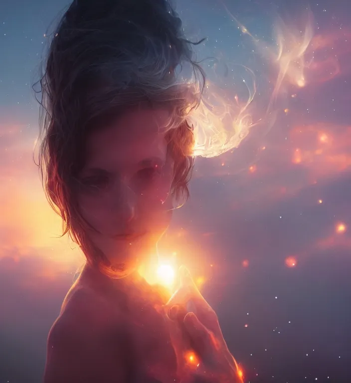 Prompt: centered waist up portrait photography an angel + glowing outlines, dissolve to energy particles of light + bokeh + strong DOF + 8k, photorealistic + composition by Peter Mohrbacher , ultra realistic + backlit + strong rimlight, sunset + HDRI, HD, Photoreal