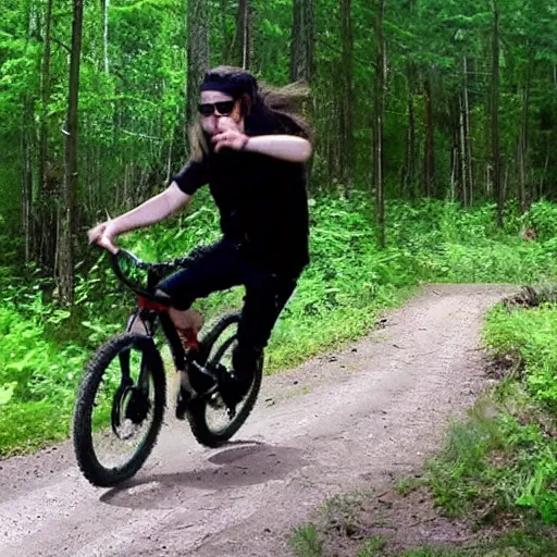 Prompt: Skrillex on a bike, trail cam footage