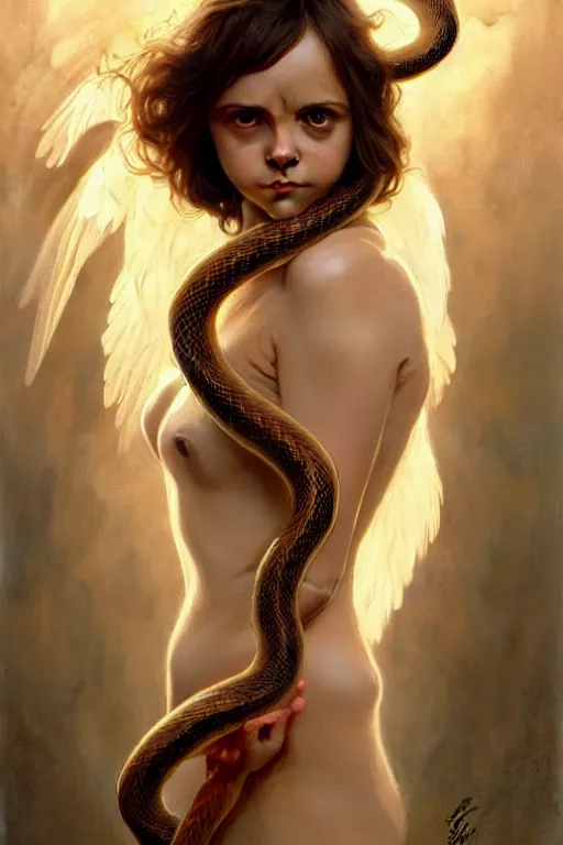 Image similar to angels that look like christina ricci dancing with snakes, fantasy, amber eyes, face, long hair, intricate, elegant, highly detailed, digital painting, artstation, concept art, smooth, sharp focus, illustration, art by artgerm and greg rutkowski and alphonse mucha