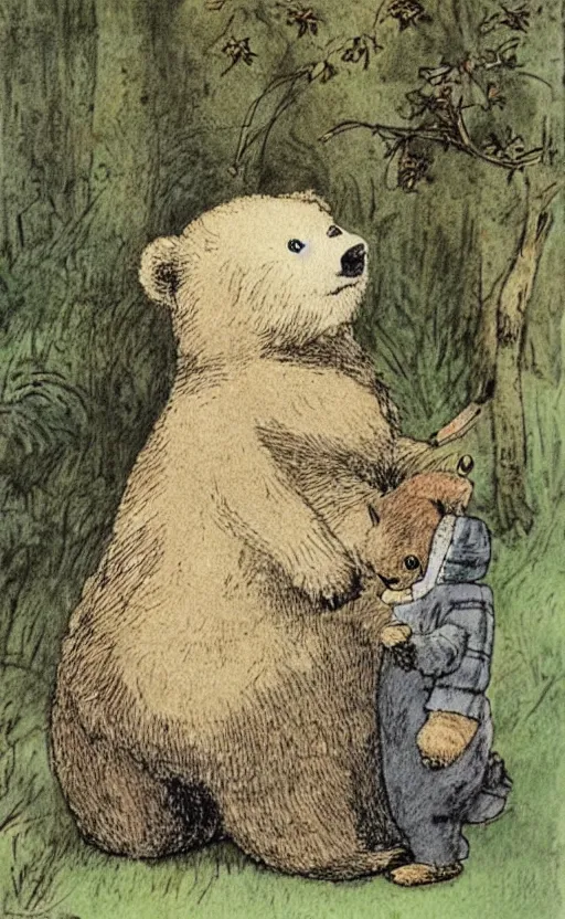 Prompt: Beatrix potter illustration of a bear in pajamas falling asleep