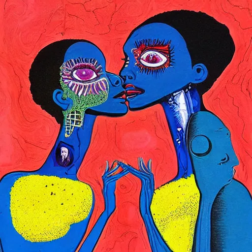 Image similar to beautiful painting of two bizarre psychedelic women kissing each other closeup on an alien planet, speculative evolution, mixed media collage by basquiat and junji ito, magazine collage art, paper collage art, sapphic art, lesbian art