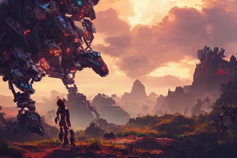 Image similar to rockbreaker machine mecanical creature robot of horizon forbidden west horizon zero dawn radiating a glowing aura global illumination ray tracing hdr fanart arstation by ian pesty and alena aenami artworks in 4 k