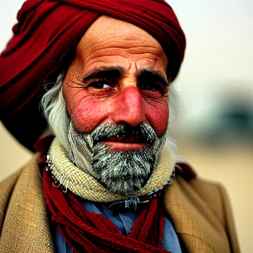 Image similar to portrait of john adams as afghan man, green eyes and red scarf looking intently, photograph by steve mccurry