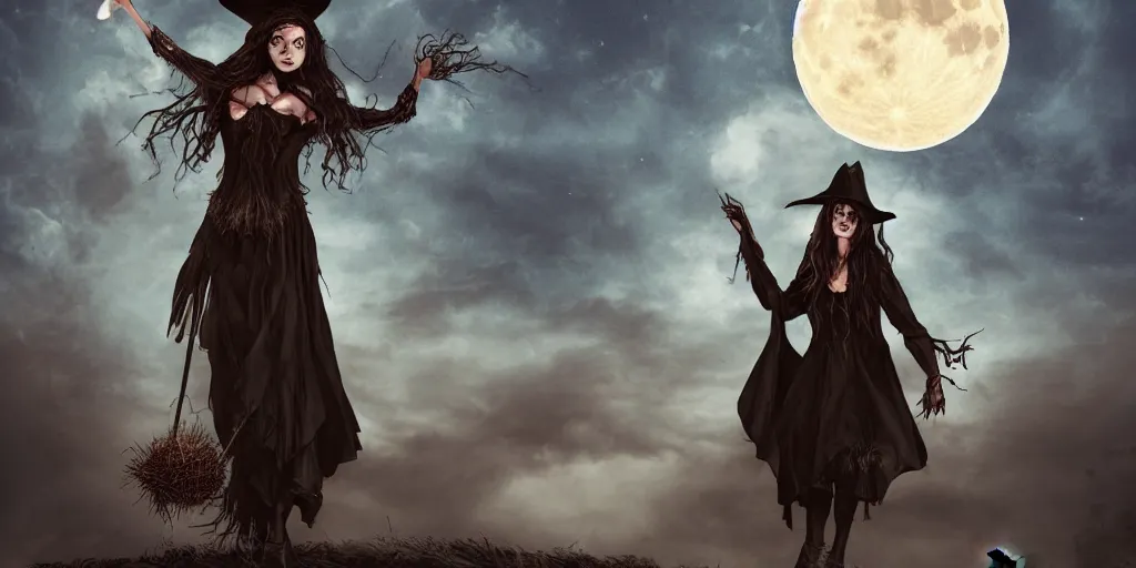 Image similar to illustration of a Witch in front of the full big moon, realistic painting, high definition, digital art, matte painting, very detailed, realistic