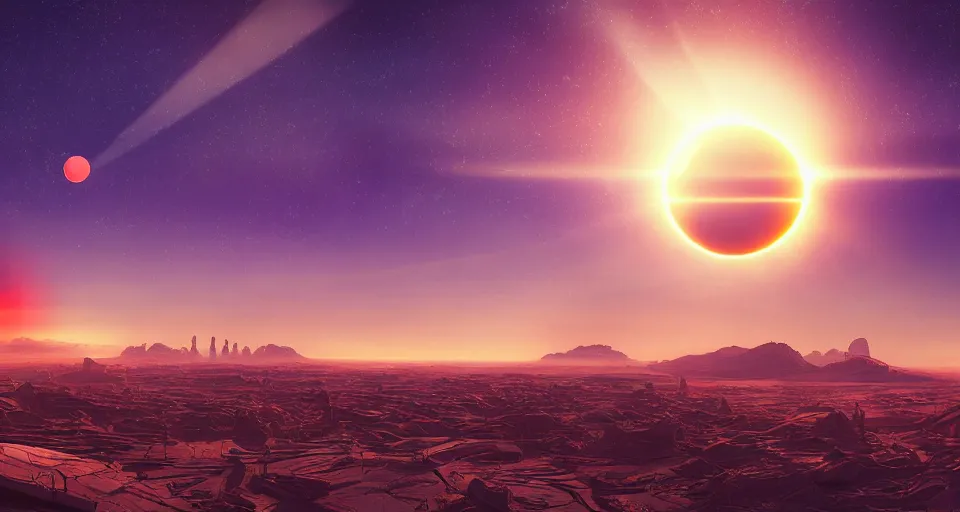 Image similar to Sci-fi landscape of a desert with two suns suns in the sky and futuristic city in the background, orange and purple colors, cinematic, science-fiction art wallpaper, stunning digital art