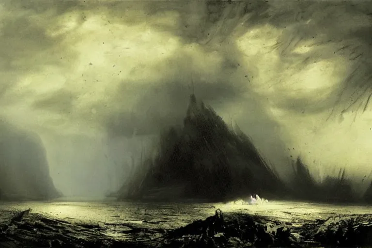 Image similar to awesome landscape rain by peder balke with an alien structure by hrgiger