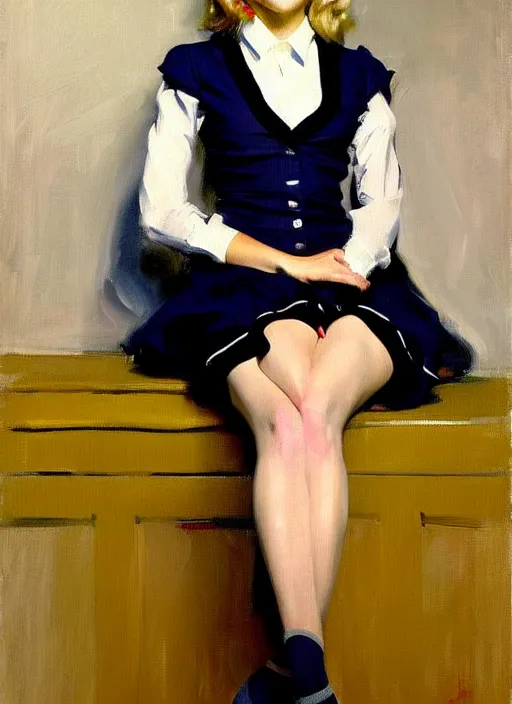 Image similar to oil painting of annasophia robb in a learning uniform, looking furious, startled, stockings, looking seductively attire by John Singer Sargent, Bryan Lee O'Malley, Edward Hopper
