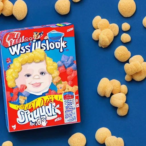 Image similar to kid-friendly cover illustration on a box of obese George Washington kids' sugar cereal with a surprise