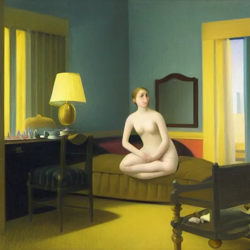 Prompt: a beautiful young girl in a gold and ivory hotel room, daguerreotype by edward hopper, by henri rousseau, by Bosch, art noveau, highly detailed, strong lights, liminal, eerie, Bright pastel colors, octane render, 8k,