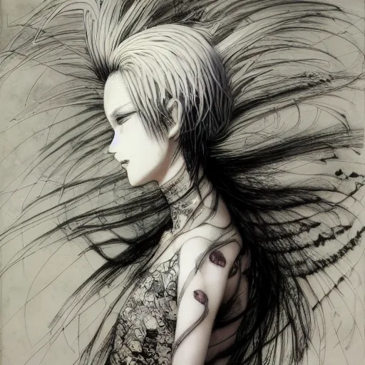 Image similar to Yoshitaka Amano realistic illustration of an anime girl with white hair and cracks on her face wearing dress suit with tie fluttering in the wind, abstract black and white patterns on the background, noisy film grain effect, highly detailed, Renaissance oil painting, weird portrait angle