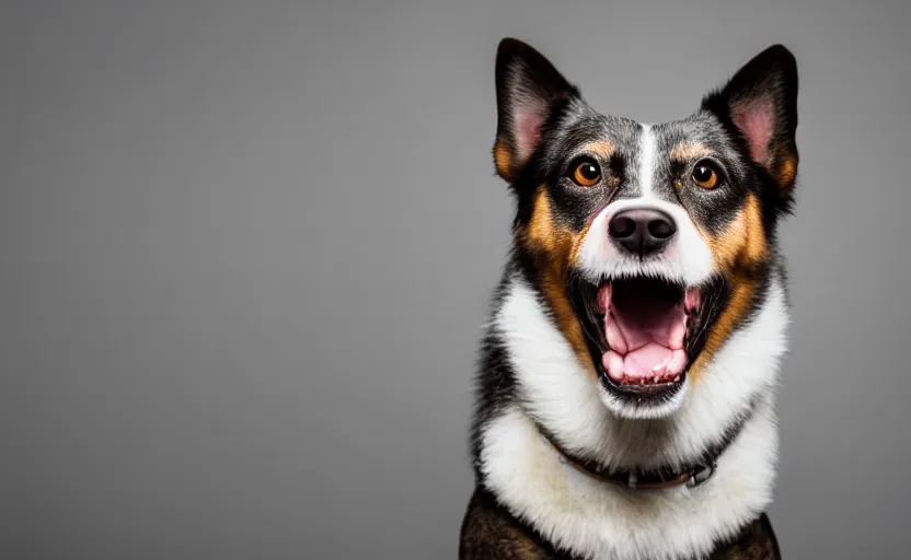 Prompt: studio photography of a smiling dog, detailed face, 8 k