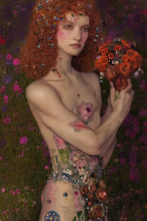 Prompt: portrait of beautiful young maiden, warhammer, cyberpunk, a lot of scars, more and more flowers, readhead, the future ages, highly detailed, artstation, illustration, art by gustav klimt, 8 k quality