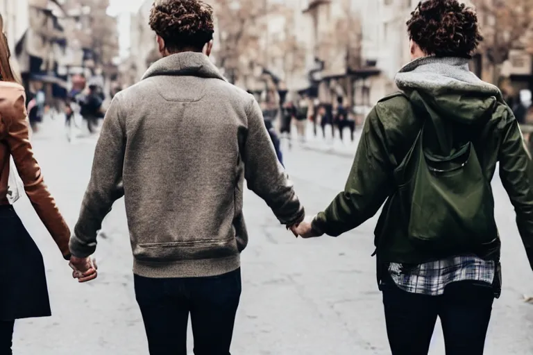 Image similar to Meme of man holding his girlfriends hand, walking down the street, looking over his shoulder to check out another girl, photograph