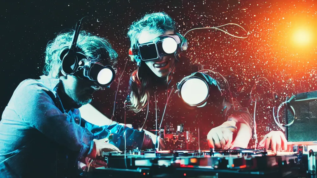 Prompt: a person wearing goggles and visor and headphones using a retro clockwork record player contraption, wires and tubes, turntablism dj scratching, intricate planetary gears, cinematic, imax, sharp focus, leds, bokeh, iridescent, black light, fog machine, hazy, lasers, hyper color digital art