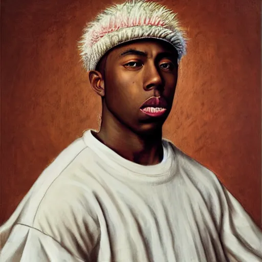 Image similar to a renaissance style portrait painting of tyler the creator