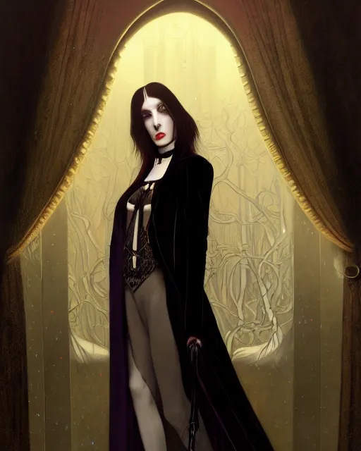 Image similar to a beautiful androgynous man, long hair, tall and thin, vampire, dressed in velvet, wearing several pendants and a choker, illustration, dramatic lighting, soft details, painting oil on canvas, art nouveau, octane render, hdr, 4 k, 8 k, hd, by edmund blair leighton, brom, charlie bowater, faces by otto schmidt