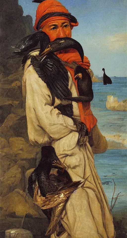 Image similar to orientalist portrait painting of a fisherman with a cormorant on his shoulder, in romantic style, sfumato