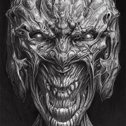 Image similar to iconic biomechanoid hybrid infected demon sentinel head album hyper detailed concept art crosshatch sketch illustration art style by Jonathan Wayshak and Toshihiro Egawa and Zdizslaw Beksinski and Artstation trending 8k