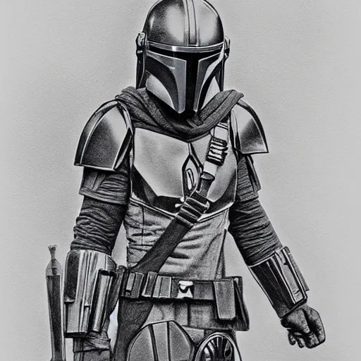 Prompt: the mandalorian in a smock and a frilly dress. pencil drawing.