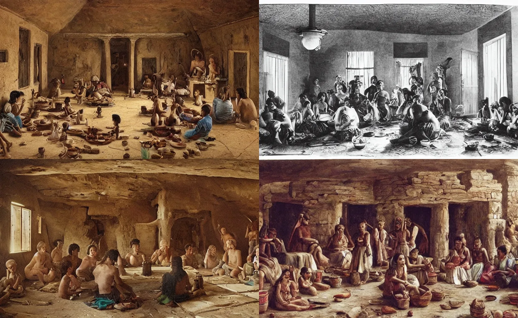 Prompt: a real photo of the inside of a house with people eating from the year 1 0 0 0 b. c