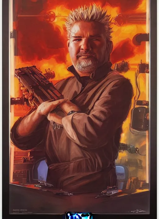 Prompt: epic cinematic poster artwork for featuring portraits for lost star wars film featuring portrait of guy fieri, moody painting by drew struzan, beautiful backlit, colorful, iconic composition, epic award winning, artstation, extremely detailed, flare, photorealistic, 4 k