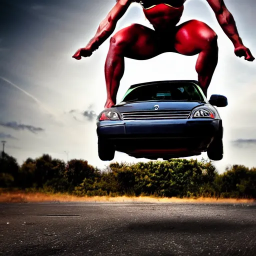 Image similar to car jumping, bodybuilder, woman, holding, photo, digital art, hands, underbody, tire, throw, standing