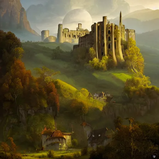 Prompt: Vast verdant empty flat valley surrounded by Transylvanian mountains with a huge zeppelin hovering above it, and a ruined medieval castle on the hillside in the background. No villages. Late evening light in the summer, gloomy weather. Hyperrealistic, high quality, sharp, highly detailed, peter mohrbacher, ansel adams.