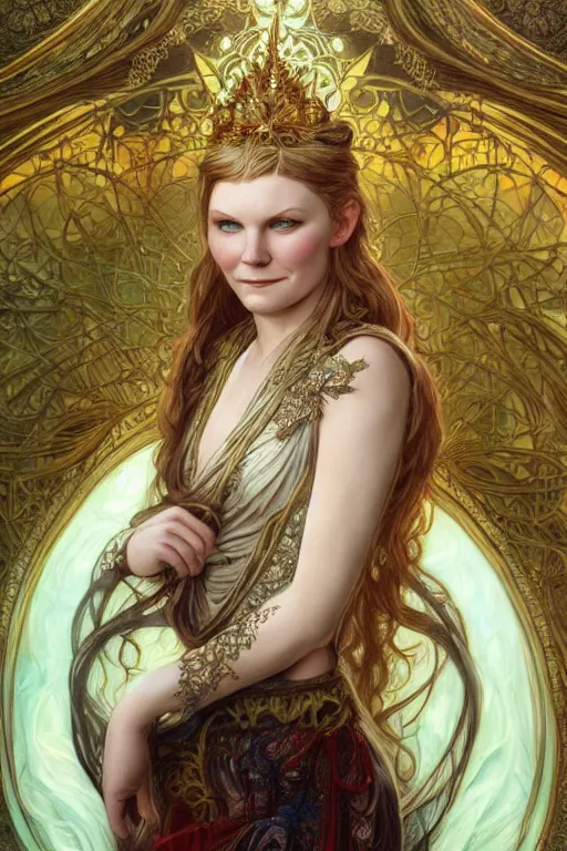 Prompt: Young Kirsten Dunst as a Goddess, cute, fantasy, intricate, elegant, highly detailed, digital painting, 4k, HDR, concept art, smooth, sharp focus, illustration, art by artgerm and H R Giger and alphonse mucha