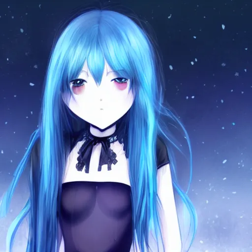 Image similar to a girl with blue hair is standing in front of a full moon, a screenshot by Jin Homura, featured on pixiv, gothic art, gothic, anime, official art