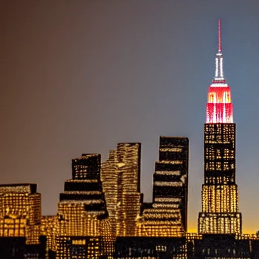 Prompt: photo of the empire state building made out of cheese at night, bright city lights