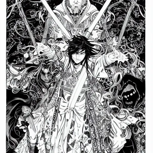 Image similar to highly detailed perspective drawing black and white goetic pen and ink manga panel by hiroya oku!! mucha illustrated sorcerer beautiful attractive long hair ringo starr fxv flowing ritual royal!!! vagabond! manga panel swords dramatic esoteric!!!!!! long hair flowing dancing illustrated in high detail by frank miller, shonen jump
