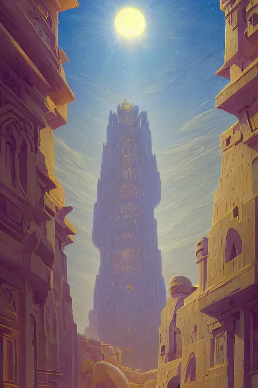 Image similar to the painted tower of the stars, by Sylvain Sarrailh and Nicholas Roerich and jean delville and Tyler Edlin and William Dyce, dramatic cinematic lighting , latticed balconies, beautiful garden, ornate carved architecture, smooth, sharp focus, extremely detailed