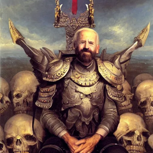 Image similar to Joe Biden sitting on his throne of skulls and smiling, oil on canvas, 1883