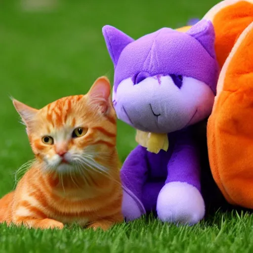 Prompt: tiny purple dragon snuggling orange tabby cat, orange tabby hugging tiny purple dragon