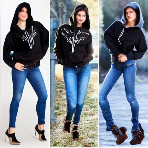 Image similar to raven haired seductive supermodel with stunning light eyes with a beautiful face, fair soft skin, wearing a hoodie, hands in pockets of tight jeans