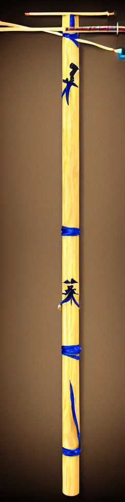 Image similar to picture of a single wooden long straight thin ninja fighting staff with small ornaments, weapon, highlight, centred, symmetric, sci - fi, fantasy, dnd, close shot, bright uniform background, award winning