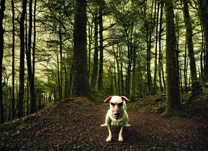 Prompt: portrait of a blind terrier in a forest, anime, shigeto koyama,jean giraud, manga, 28mm lens, vibrant high contrast, gradation, cinematic, rule of thirds, great composition, intricate, detailed, flat, matte print, sharp,clean lines,masakazu katsura