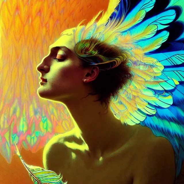 Image similar to face of young psychedelic transcendent feather mind bending psychedelic wings of glossy liquid honey flowing like kaleidoscopic translucent holograph, lsd feathers, feathery fluff, enlightenment, high contrast dappled lighting, refracted sunset, highly detailed, concept art, art by collier, albert aublet, krenz cushart, artem demura, alphonse mucha