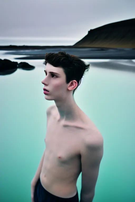 Image similar to high quality pastel coloured film mid angle docu photograph of a beautiful young 2 0 year old male, soft features, short black hair, clothed, in icelandic black rock pool environment. atmospheric. three point light. photographic. art directed. ( pastel colours ). volumetric light. clearcoat. waves glitch. 8 k. filmic.