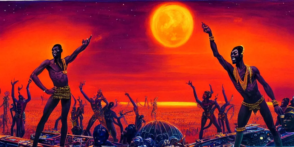 Prompt: a wide - angle detailed painting of fela in an african attire, performing on stage to millions of aliens while spaceships cover the orange - colored sky, by bruce pennington.