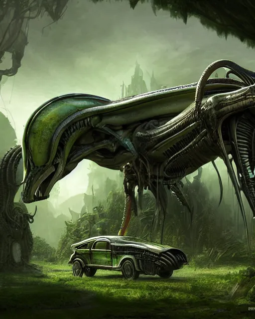Image similar to xenomorph taxi car in a fantasy village, calming, uplifting mood, ultra realistic, farm, small buildings, highly detailed, epic lighting, elves, green plants, magic, illuminated, cinematic, morning sun, art by eddie mendoza