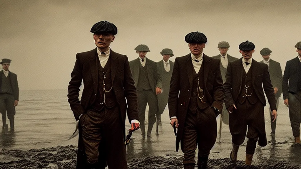 Prompt: the peaky blinders made of shrimps coming out of the ocean film still from the movie directed by denis villeneuve with art direction by zdzis