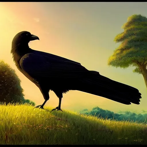 Image similar to a wholesome animation key shot of a crow on a green hill, portrait shot, studio ghibli, pixar and disney animation, sharp, anime key art by greg rutkowski, bloom, dramatic lighting, golden hour