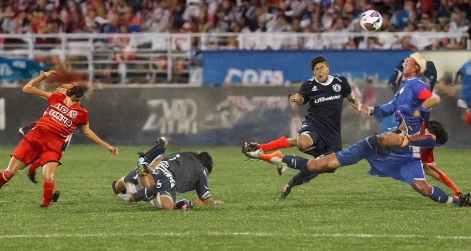 Prompt: television broadcast of professional soccer game with angry wolves chasing soccer players on the field, wide angle, birds eye, tv, nature documentary, trending on espn