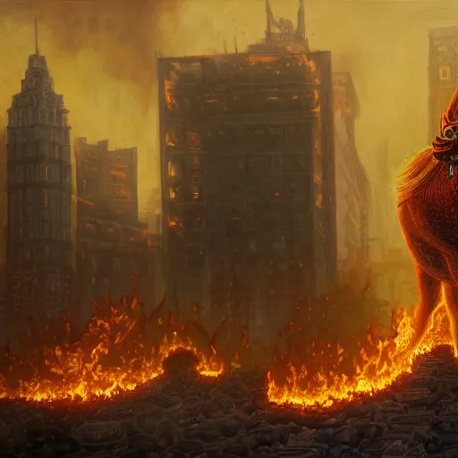 Image similar to gigantic quadruped creature walking through the center of a burning city with very tall buildings, extreme detail, abstract realism, highly ornate intricate details, 1 9 2 0's colored pencil, 4 k, cinematic lighting,