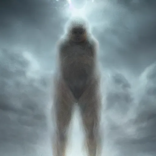 Prompt: a beautiful terrifying pale humanoid giant looms over a tiny human. ethereal fantasy art by bjarke pedersen