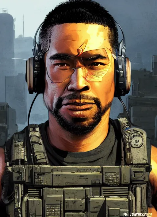 Image similar to Dangerous Tojo. buff Samoan cyberpunk mercenary wearing a cyberpunk tactical headset and military vest. AR-15. square face. Realistic Proportions. Concept art by James Gurney and Laurie Greasley. Moody Industrial skyline. ArtstationHQ. Creative character design for cyberpunk 2077.