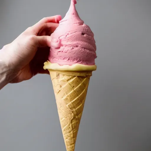 Prompt: a human hand sculpted from ice cream with a cone for an arm