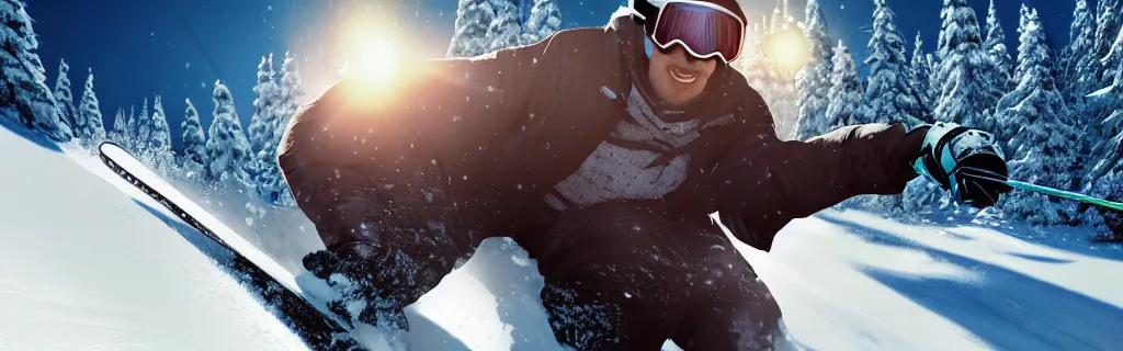 Prompt: a close up profile shot of a skier rushing down a snowy mountian. 8 k, epic cinematic hyperrealism masterpiece. realistic poster with shaded lighting by craig mallismo, artgerm, jeremy lipkin and michael garmash, unreal engine, radiant light, detailed and complex environment, digital art, art station trends, detailed, lens flare, motion blur