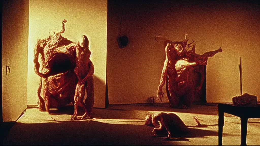 Image similar to the strange creature in the box in the attic, they look at me, film still from the movie directed by wes anderson and david cronenberg with art direction by salvador dali and zdzisław beksinski, wide lens